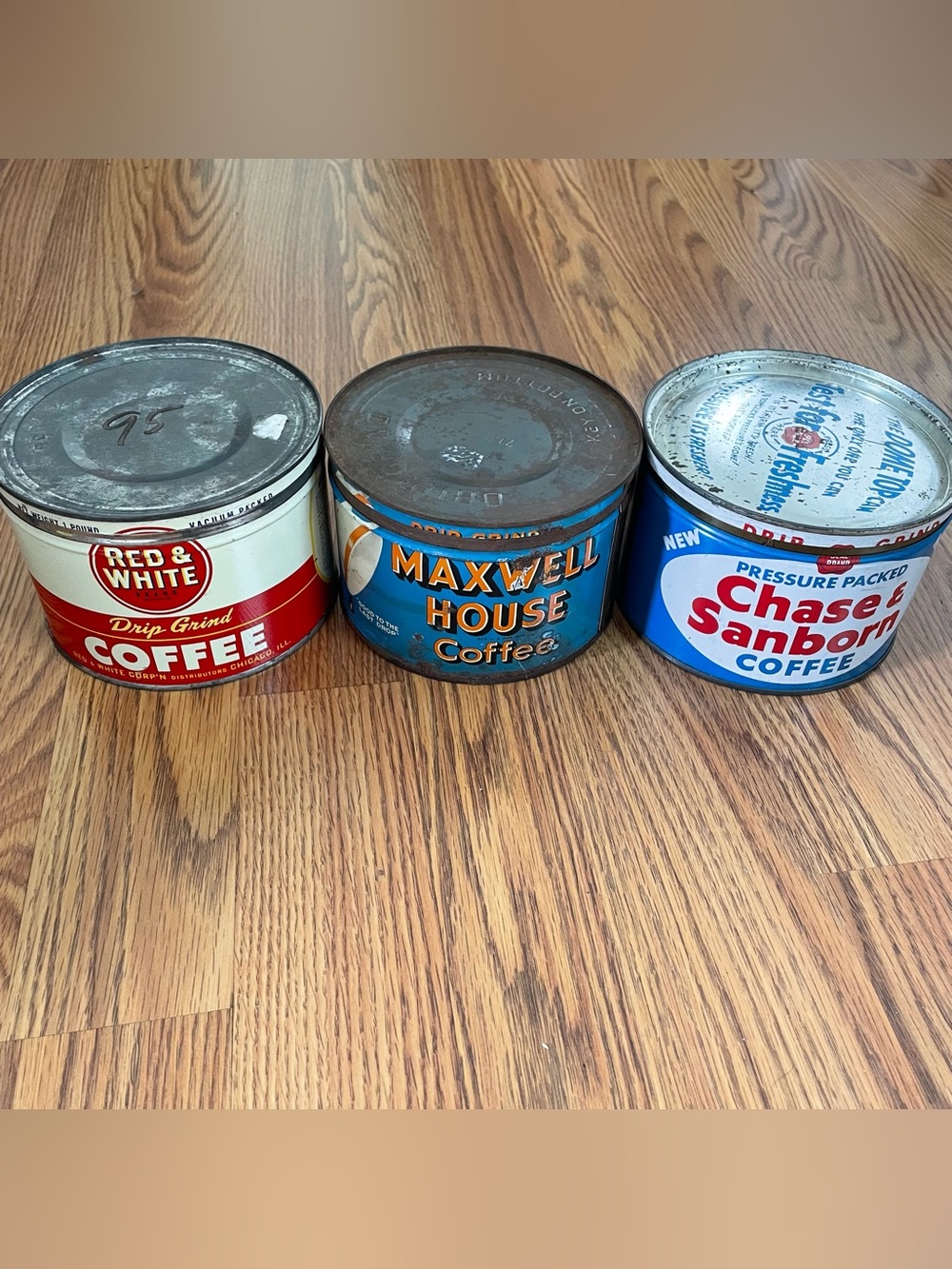 Vintage Coffee Tin Cans Lot 3 Maxwell House Red & White Chase & Sanborn Lids 40s
